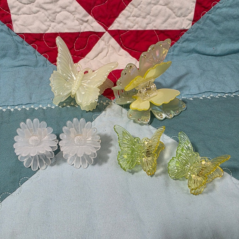 Fairycore Hair Clip Set Multi Butterfly Daisy Iridescent Floral Frosted 6pc